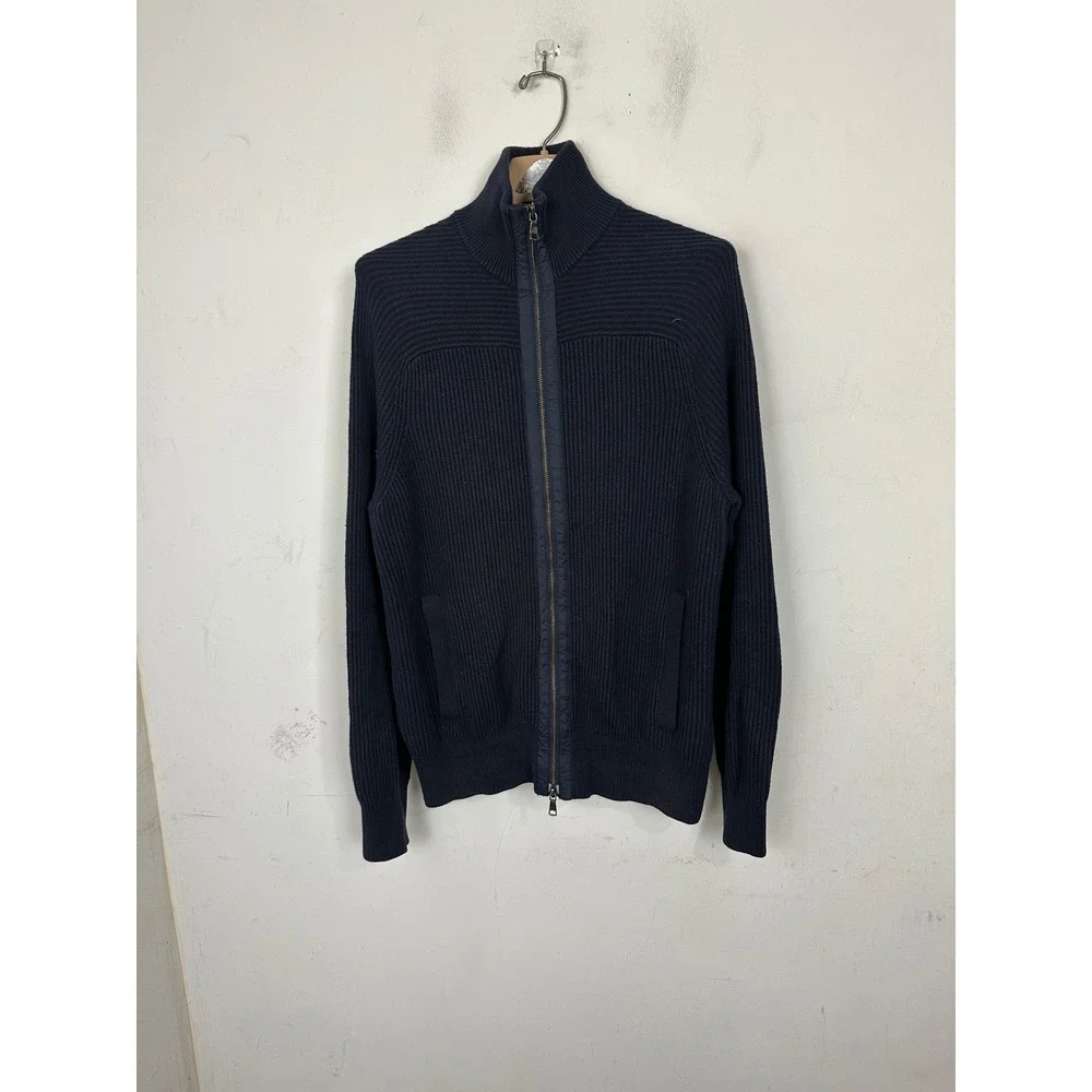 Banana Republic Mens Navy Blue Ribbed Full Zip Mock Neck Cardigan Sweater Large